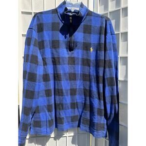 Ralph Lauren Quarter Zip Men's large Black Blue Plaid Check Pony Estate Rib Logo